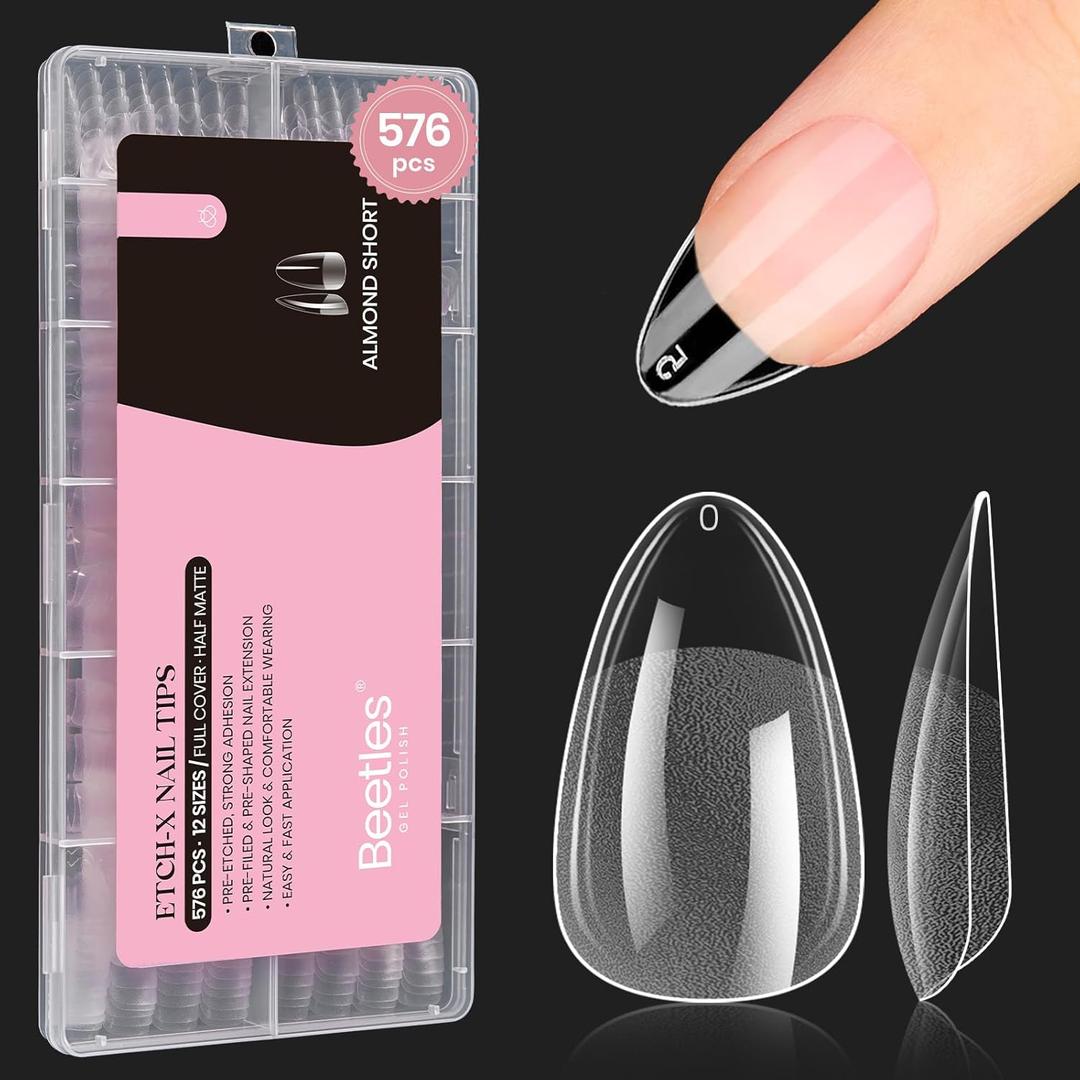 Beetles Gel Nail Tips Almond Short, 576Pcs 12 Sizes Etch-X Half Matte Full Cover Soft Acrylic False Nail Tips Easy DIY Fake Press On Nail Extension Set Salon Gift for Women