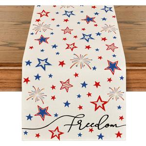 Artoid Mode Patriotic Freedom Stars Table Runner, 4th of July Memorial Day Holiday Kitchen Dining Table Decor for Indoor Outdoor Home Party Decoration 13 x 120 Inch