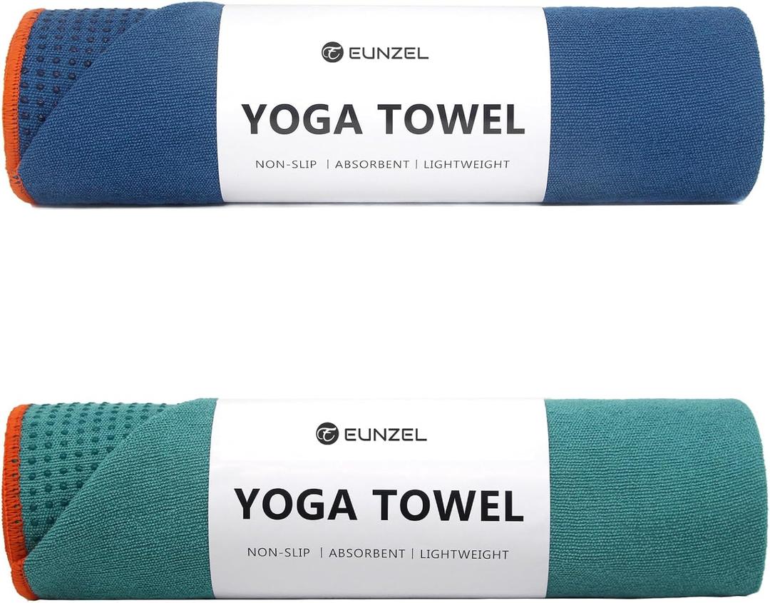 Eunzel 2 Pack Hot Yoga Towel with Grip Dot, Non Slip Yoga Mat Towe Sweat Absorbent Towel for Hot Yoga, Bikram, Pilates and Fitness 72" x 24", Dark Cyan/Steel Blue