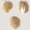 Anime Cosplay Wig - Short Blonde Synthetic Curly Straight Layered Fluffy Halloween Costume Party Wig with Free Cap, Linen Blonde