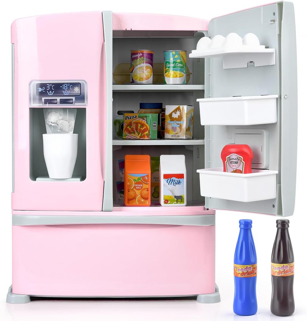 Refrigerator Toy Fridge with Ice Dispenser, Kids Pretend Play Kitchen Accessories with Toy Food Drink Bottles Milk Cans, Play Kitchen Appliances Set for Girls Age 3+, White