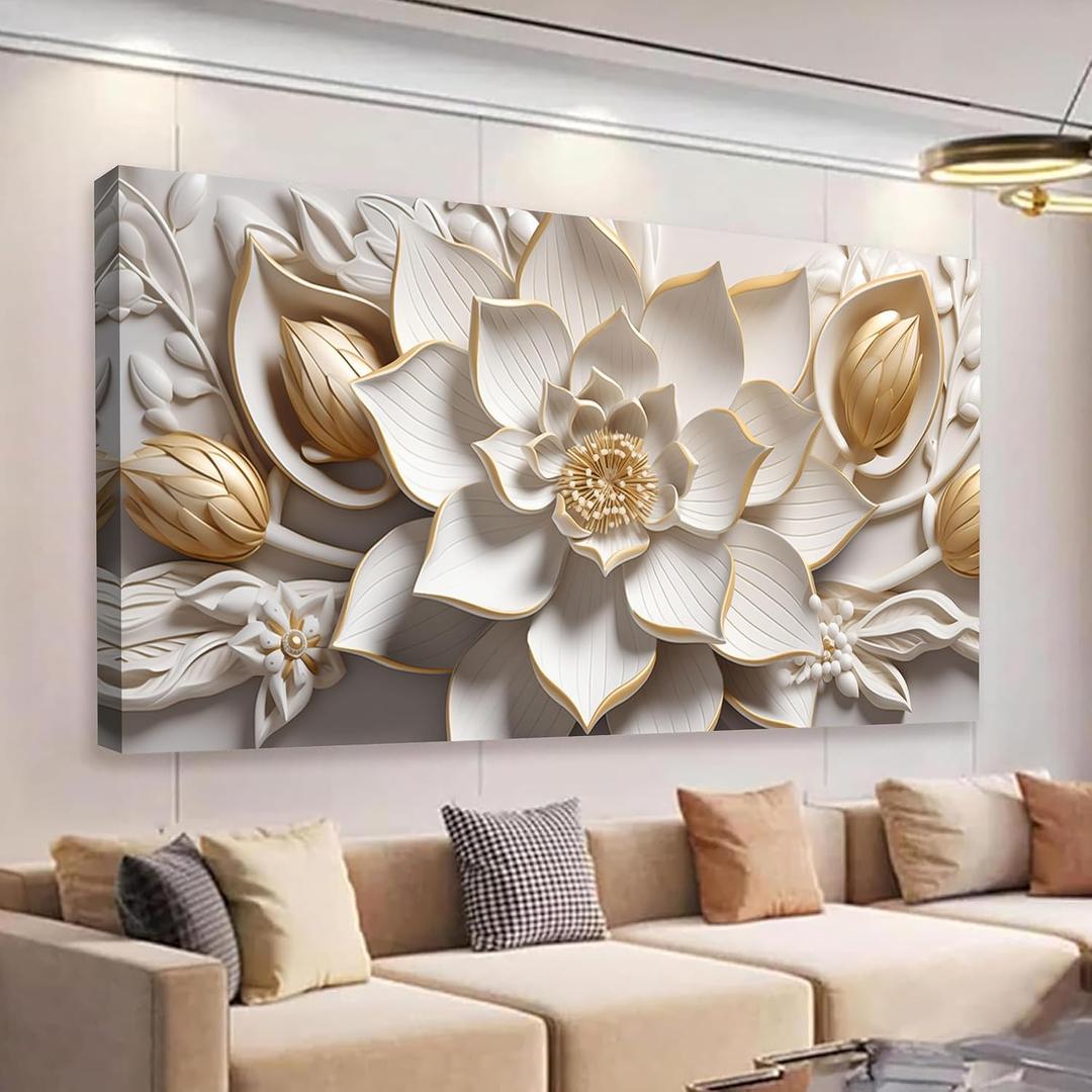 SSNEEKNDG Flower Wall Art White and Gold Botanical Canvas Artwork 29"x58"