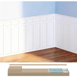 Art3d Premade Board and Batten Paintable Wainscoting Kit Covers 94.5 x 54 in., Precut MDF Accent Wall Panel for Living Room Hallway Bedroom Home Decor, Molding Trim Slat with Edge Strip
