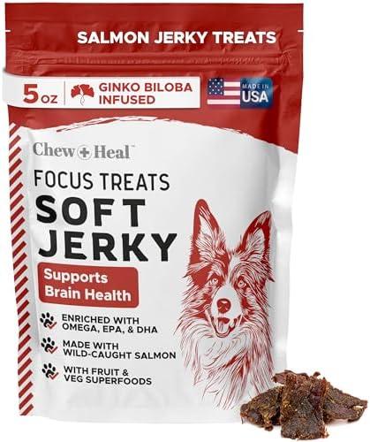 Chew + Heal Labs Dog Salmon Jerky Treats with Cognitive Support - 5 oz of Wild Caught Salmon Jerky Dog Treat - Made with Gingko Biloba, Blueberries, Cranberries, Pumpkin, and More - Made in The USA BEST BY 02/12/2026 Chew + Heal Labs Dog Salmon Jerky Treats with Cognitive Support - 5 oz of Wild Caught Salmon Jerky Dog Treat - Made with Gingko Biloba, Blueberries, Cranberries, Pumpkin, and More - Made in The USA BEST BY 02/12/2026