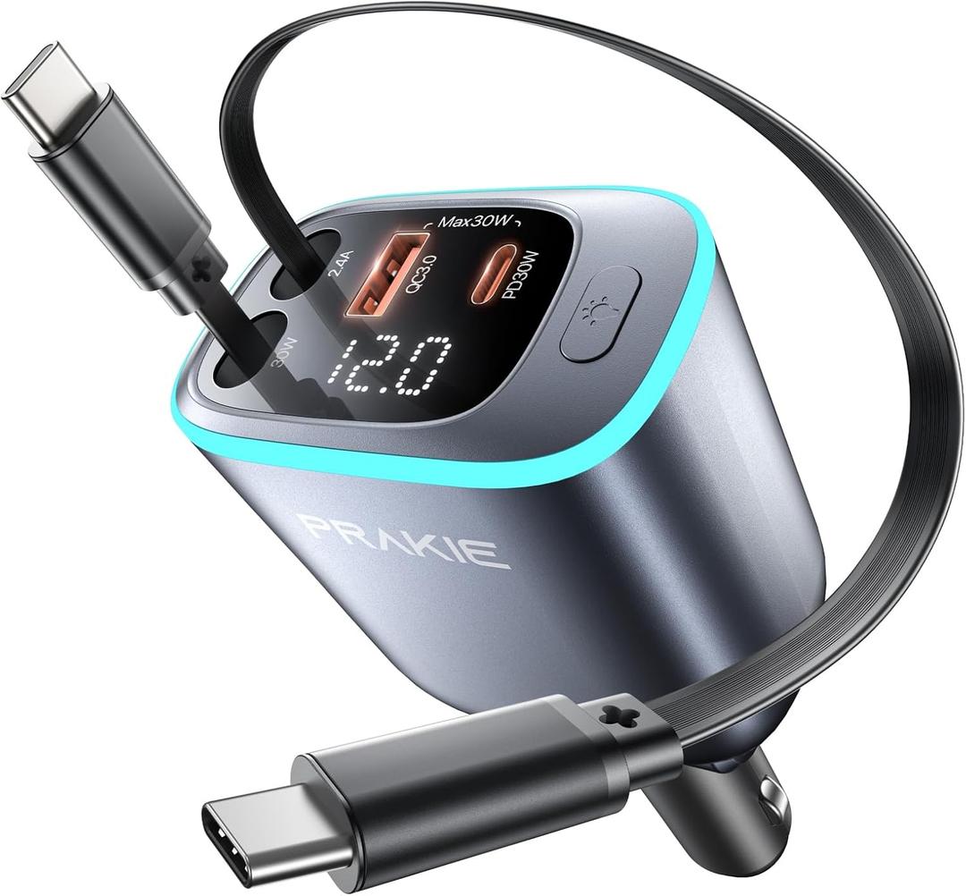 USB C Cable iPhone Car Charger, Retractable Fast USB C Phone Charger, Cigarette Lighter Adapter with 2 USBC Cables 25 Inch and 2 USB Ports, Multi Port Car Charging for iPhone 17/16/15/Pro Max-Gray