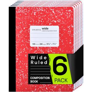 Composition Notebook Wide Ruled 6 Pack, 200 Pages (100 Sheets), 9-3/4 x 7-1/2, Marble Composition Books Bulk, Notebooks for School, Work, Office, Durable Comp Book, School Supplies, Red
