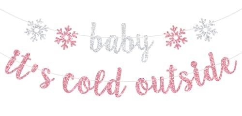Baby It's Cold Outside Banner, A Little Snowflake is on the Way, Welcome Sweet Snowflake, Winter Girls Baby Shower Gender Reveal Party Decorations Pink Glitter