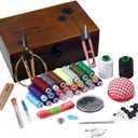 Sewing Kit, Wooden Sewing Kit Box for Adults, Wooden Sewing Basket with Accessories, Home Sewing Basket Stitching Repair Kit for Beginner, Women, Men,Vintage Embroidery Scissors Kit (Retro Brown)