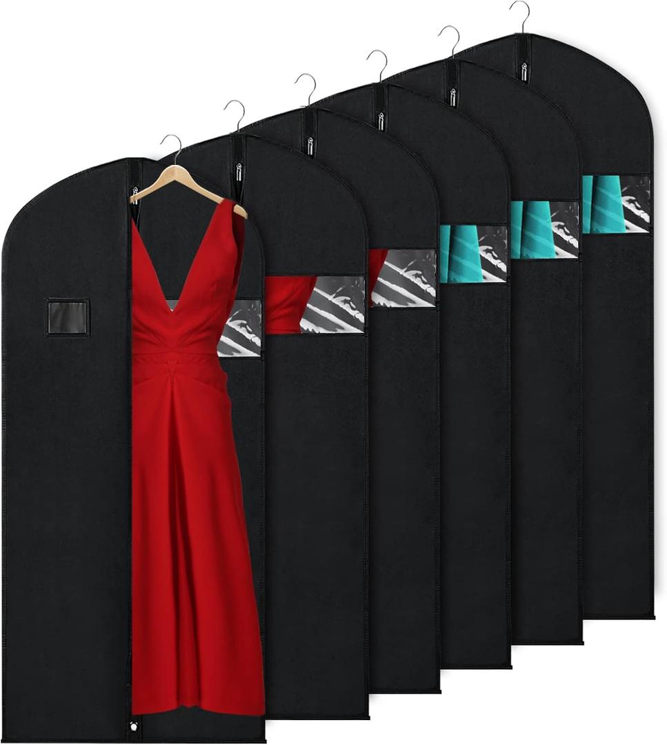 KEEGH Garment Bags for Hanging Clothes 60" (Set of 6) Dress Bags for Gowns Long Dress Bags for Closet Storage with Zipper and Eye-Hole for Folding for Suit Coats Dresses, Black