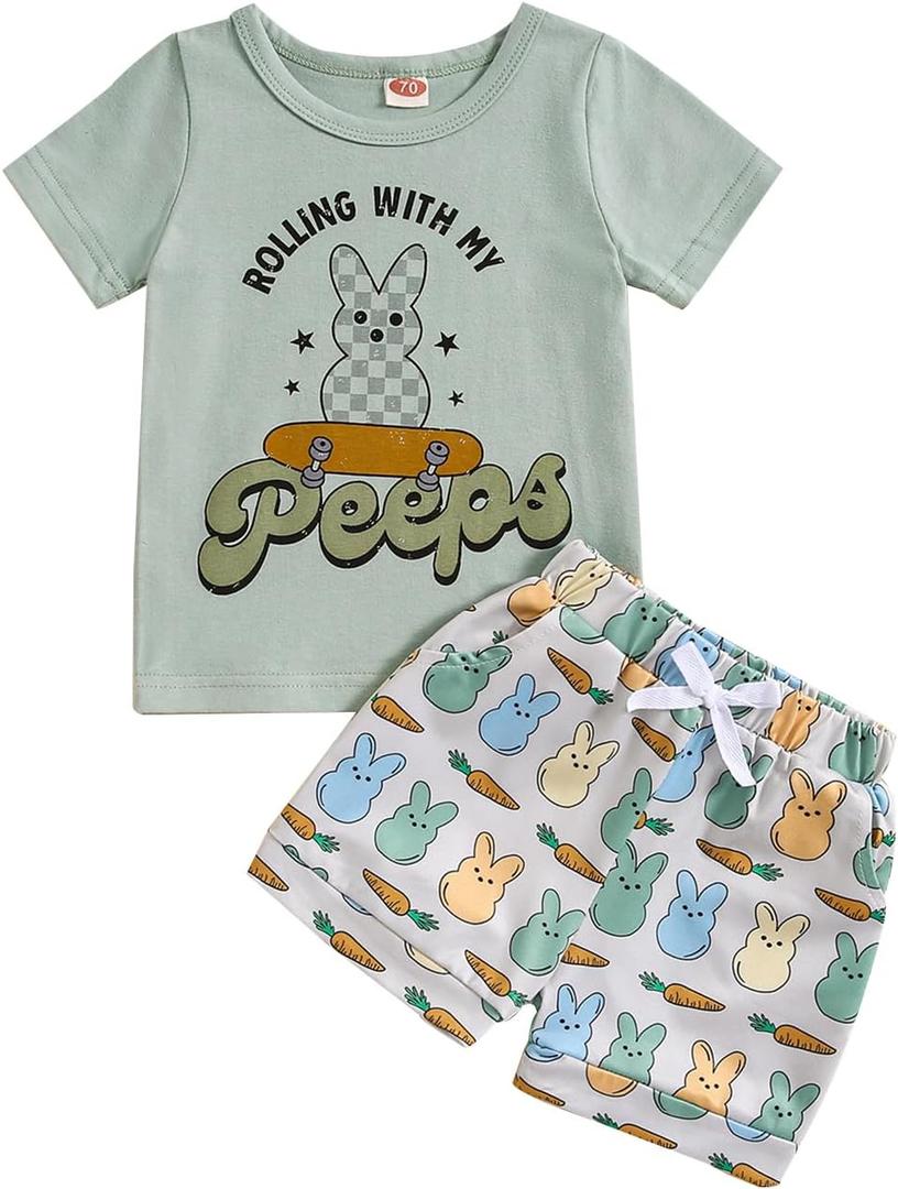 Noubeau Baby Boys Easter Outfits Cute Bunny Graphic Print T-Shirt Short Sleeve Tops Rabbit Shorts Summer Clothes (Green)