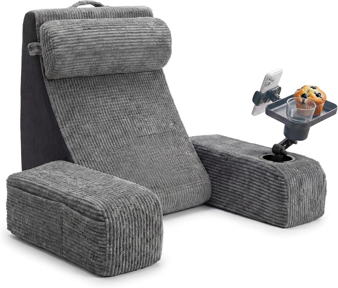 TabCouchCaddy Reading Pillow for Adults 24 XL Memory Foam Backrest with Detachable Arms, Cup Holder, Phone Caddy & Adjustable Tray Mount | Back Pillow for Bed Sitting Up, Reading, TV & Recovery