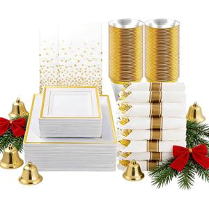 Goodluck 352 Piece Gold Dinnerware Set for 50 Guests, Thanksgiving Square Plastic Plates with Gold Trim, Include: 100 Plastic Plates, 50 Rolled Napkins, 50 Cups, 50 Cutlery Set and 2 Tablecloth