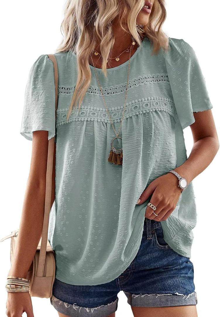 Womens Summer Tops Crewneck Short Sleeve Shirts Casual Chiffon Blouses Flowy Lace Hem Boho Clothing Trendy 2025 (Large, Gray-green)
