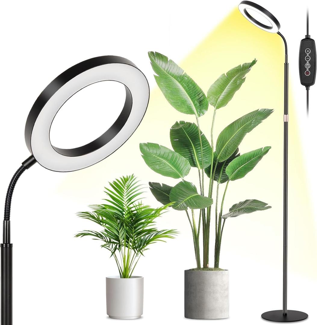 LBW Grow Light with Stand for Indoor Plants, 8" Halo Full Spectrum Grow Light, Adjustable Height up to 68", Auto Cycle Timer (4/8/12H), 6-Level Dimmable, Plant Light for Indoor Growing (1 Head 8" Large Black)