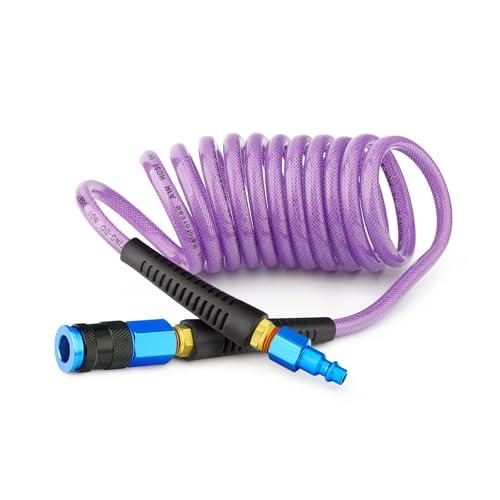 GASHER 1/4" x 10FT Purple Reinforced Polyurethane Air Hose With Bend Restrictor, 1/4" AMT Universal Air Coupler, For Air Compressor