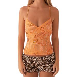 Women Y2K Sequin Rhinestone Criss Cross Straps Crop Cami Top Sexy V Neck Backless Floral Embroidery Halter Tank (Orange, M)