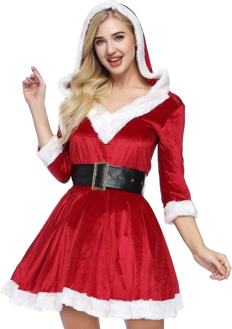 ADOMI Mrs Claus Costume for Women Christmas Costume Santa Dress Adult Hooded 2PCS Santa Clause Outfit Cosplay Suit Holiday (Large)