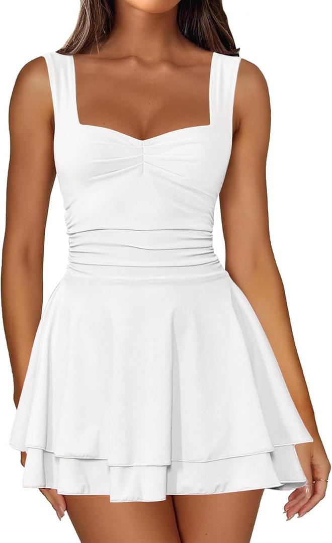 IWD Women's Square Neck Sleeveless Mini Dress Ruched Waist Tiered Ruffle Hem A Line Short Dresses M