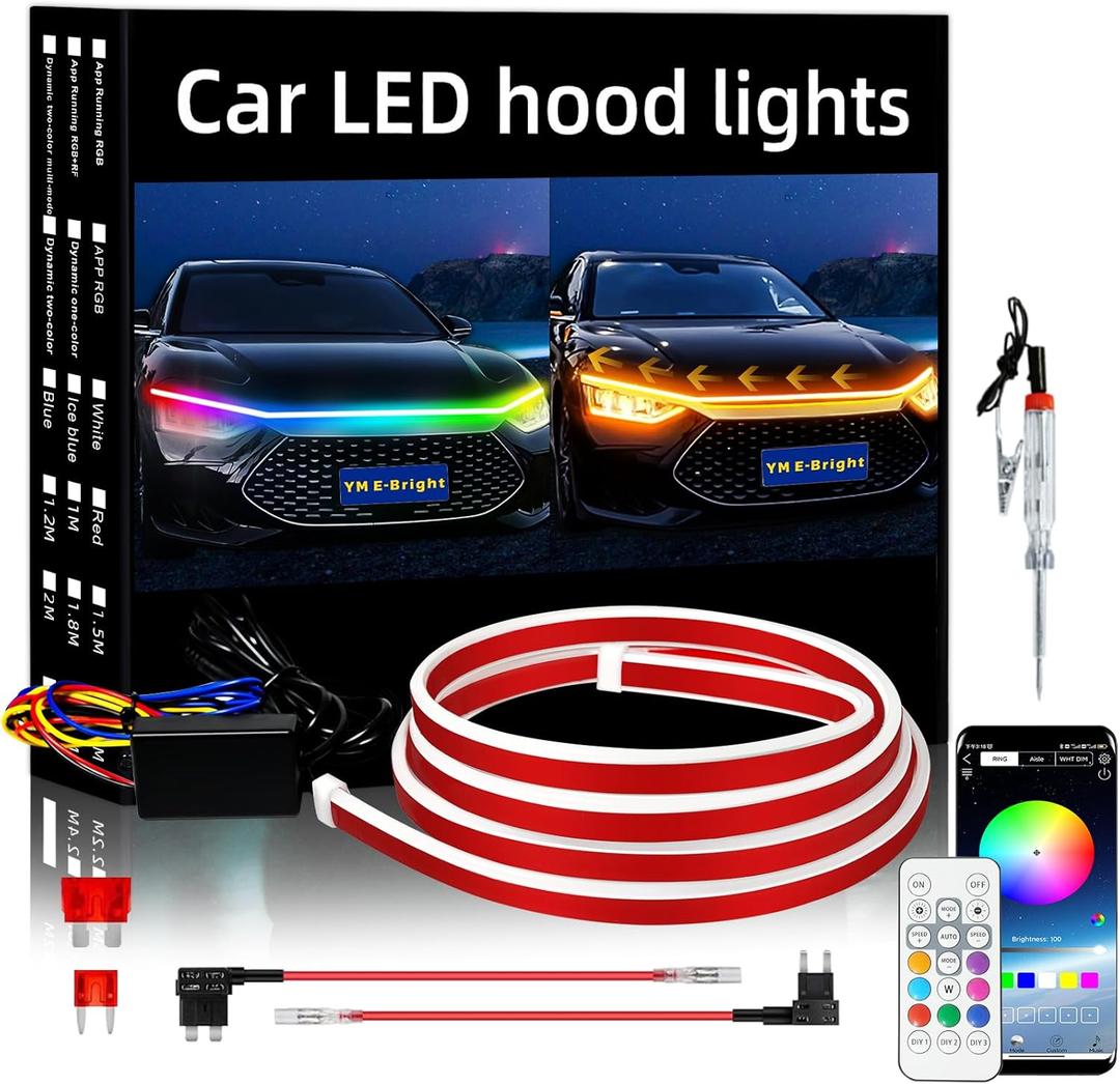 YM E-Bright Car Led Lights Exterior RGB Hood Light Strip Waterproof Multicolor Dynamic Scan Start Up Hoodbeam Kit with Turn Signal Function for Cars, Truck, SUV, APP Remote Control, 12V 59inch