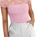 REORIA Women's Sexy Mock Turtle Neck Short Sleeve Shirts Sheer Mesh Ruched Trendy Going Out Bodysuits Tops (Medium, Pink Heart)