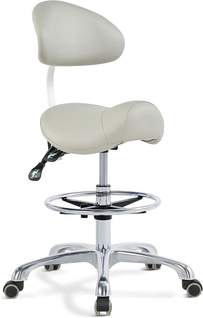 Grace&Grace Ergonomic Rolling Saddle Stool Chair with Wheels Adjustable Swivel Stool with Back and Footrest Heavy Duty for Esthetician, Artist, Dental, Medical, Spa, Salon, Cutting, Home Office (Extra-grey)