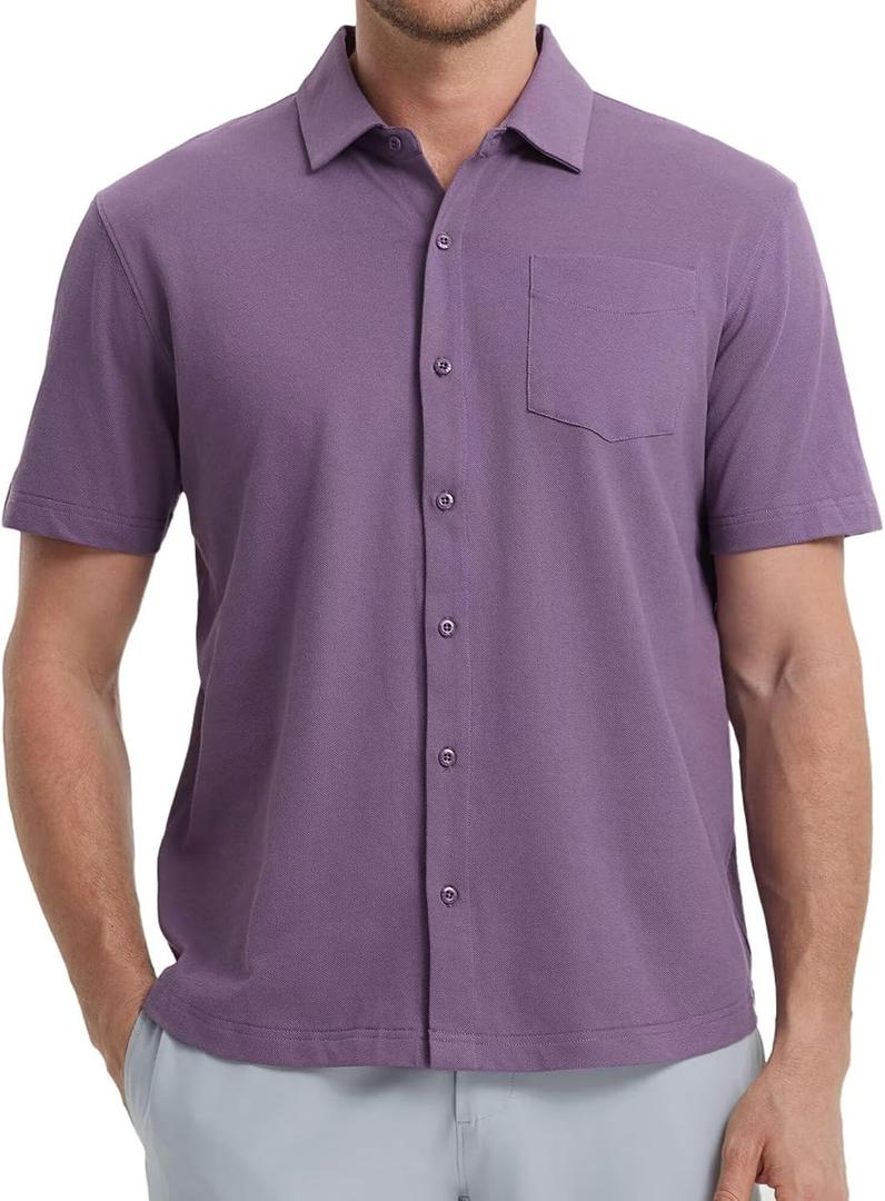 VEBOON Men's Short Sleeve Button Down Shirts Cotton Lightweight Stretch Moisture Wicking Dress Shirt with Pocket, L