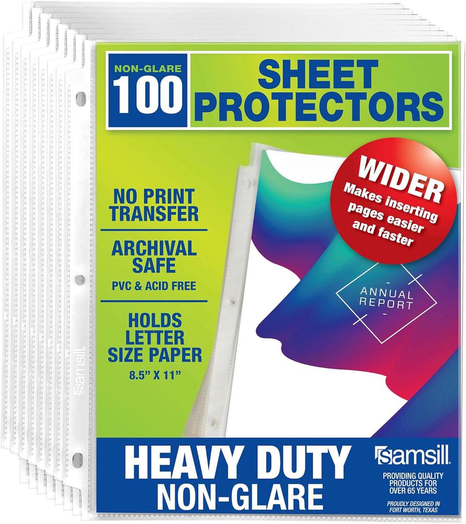 Samsill 100 Pack Heavy Duty Sheet Protectors, Non-Glare, 8.5x11 Inch Page Protectors for 3 Ring Binder, Letter Size Protectors, Reinforced Holes, Non-Glare Protector, Top Loading, Acid Free