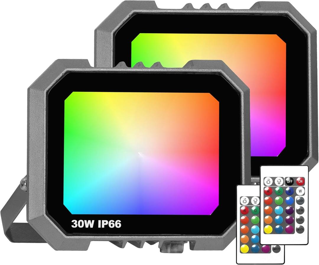 2 Pack RGB LED Flood Light 30W, 300W Equivalent 3000 LM Outdoor Landscape Flood Lights with 2 Remote, IP66 Waterproof Outdoor Light for Christmas Party Stage Uplight Wall Wash