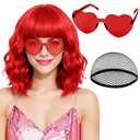 PLULON Red Wavy Bob Wig with Bangs Heart Sunglasses for Women, Colored Neon Funny Party Curly Bob Wigs Synthetic Hair for Valentine's Day Christmas Halloween Cosplay Costume Bachelorette Party