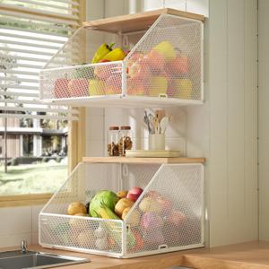 Stackable Fruit Basket for Kitchen Countertop Space Saving, Wall Mounted Mesh Metal Wire Basket with Wood Lid Extra Storage, 2 Pack Kitchen Counter Organizer for Snack, Onion and Potato Storage, White (11.8"*11.1"*8.6"-2pack)