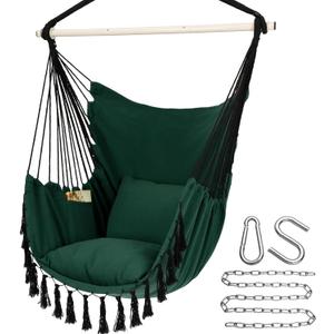 Y- STOP Hammock Chair Hanging Rope Swing, Max 500 Lbs, 2 Cushions Included, Large Macrame Hanging Chair with Pocket for Superior Comfort, with Hardware Kit, Green