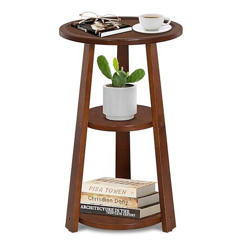 QILOXENTRA 3-Tier Round Side Table, Solid Wood End Table & Nightstand for Small Spaces, Compact Accent Table for Living Room, Bedroom, Office (Red Brown Finish)