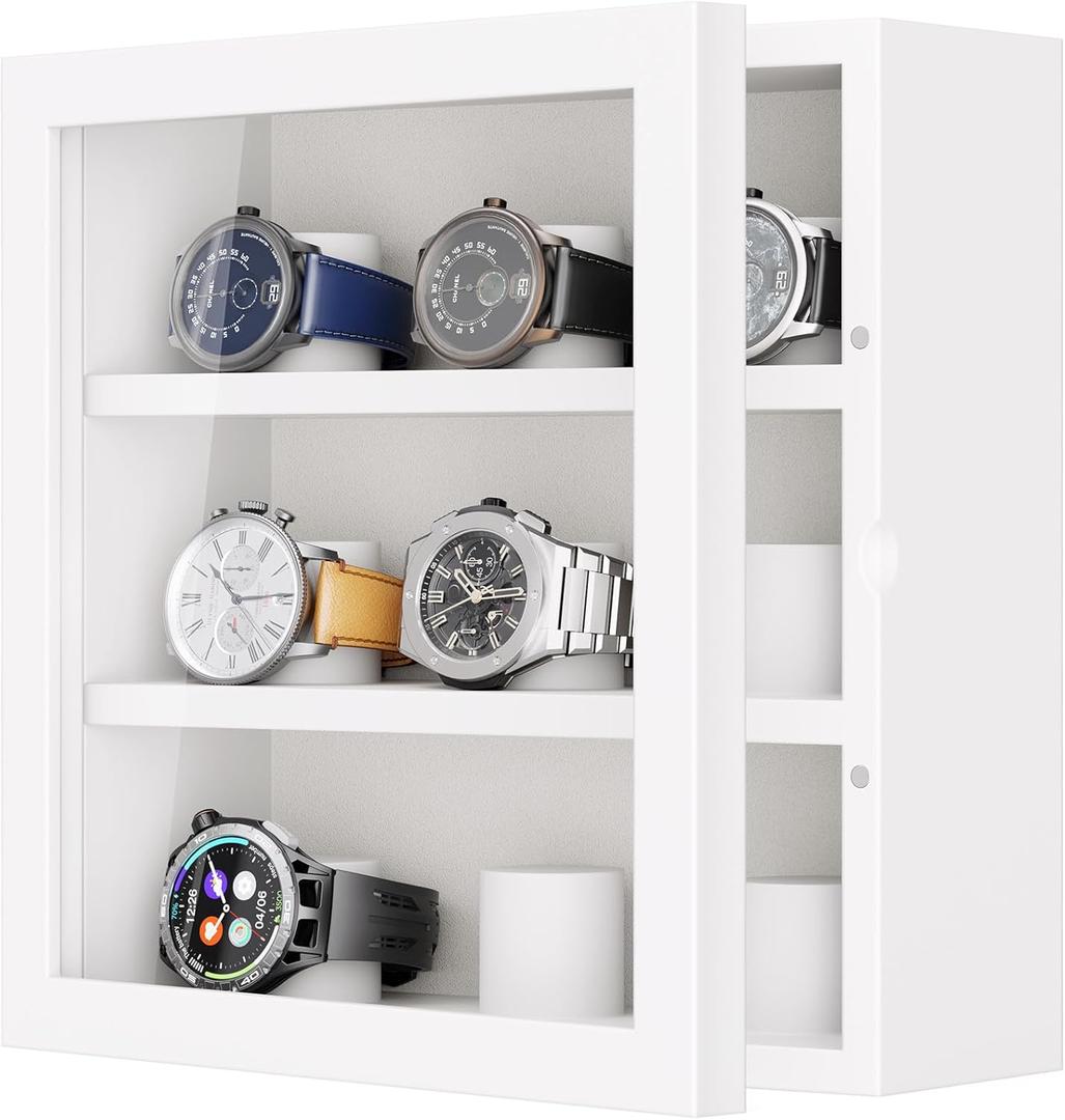 TJ.MOREE 9Slot Watch Display Case, Wall Mount Wooden Watch Box, Vertical Storage Men’s Watch BoxWhite