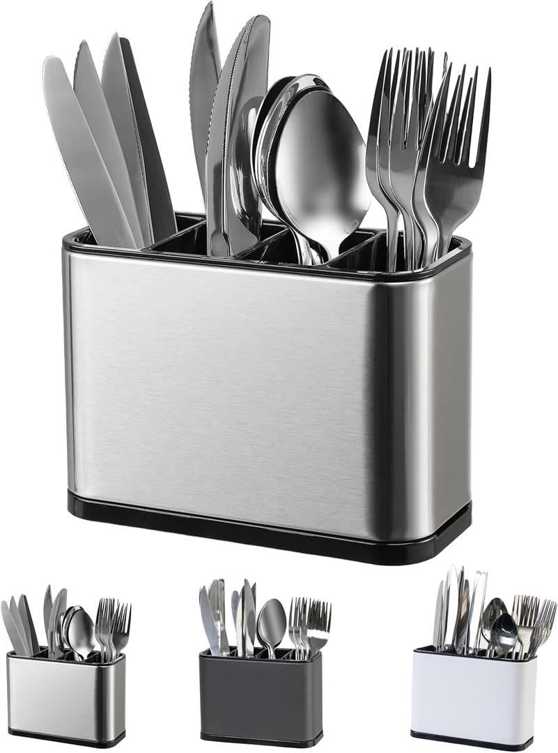 LIBODOUR Utensil Holder,Stainless Steel Caddy Counter,Spoon holder,4 Compartments Silverware Caddy,Capacity Flatware Spoon Fork Tool Cutlery HolderSilvery