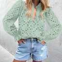 PRETTYGARDEN Women's Dressy Casual Blouse Tops Fall Spring Puff Long Sleeve Button V Neck Hollow Out Lace Embroidered Shirts (S)