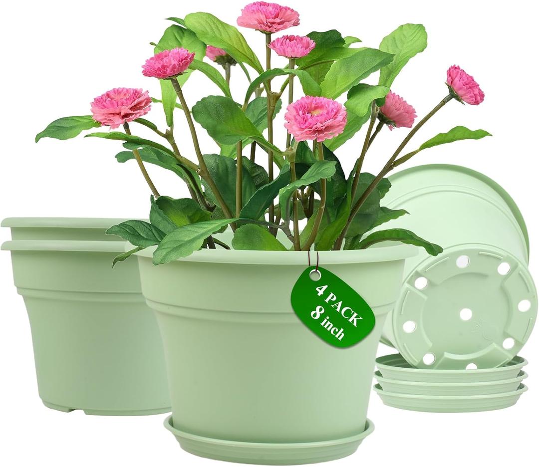 8 Inch Plastic-Flower Pot-for-Indoor Plants, 4 Pack Large Outdoor Planter Pot with Drainage Holes & Saucers, Resin Decorative Garden Pots Planters (Green)