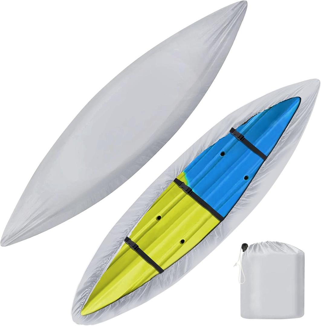 iCOVER Kayak Cover, Waterproof Kayak Covers for Outdoor Storage, Heavy Duty Canoe Dust Storage Cover, UV Resistant Fishing Boat Cover for 16.8-18ft Kayaks, Canoes, SUP and Paddle Board, Silver