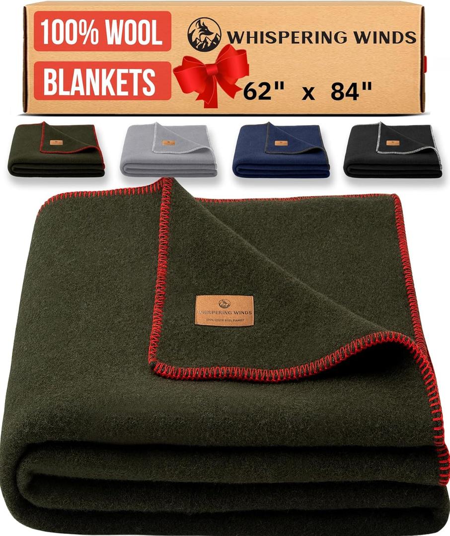 100% Wool Blanket - Premium Ultra-Soft, Thick, Warm, Large 62"x 84" Bed & Camping Blanket for Outdoor, Home, Indoor, Bushcraft & Survival (Military Green)