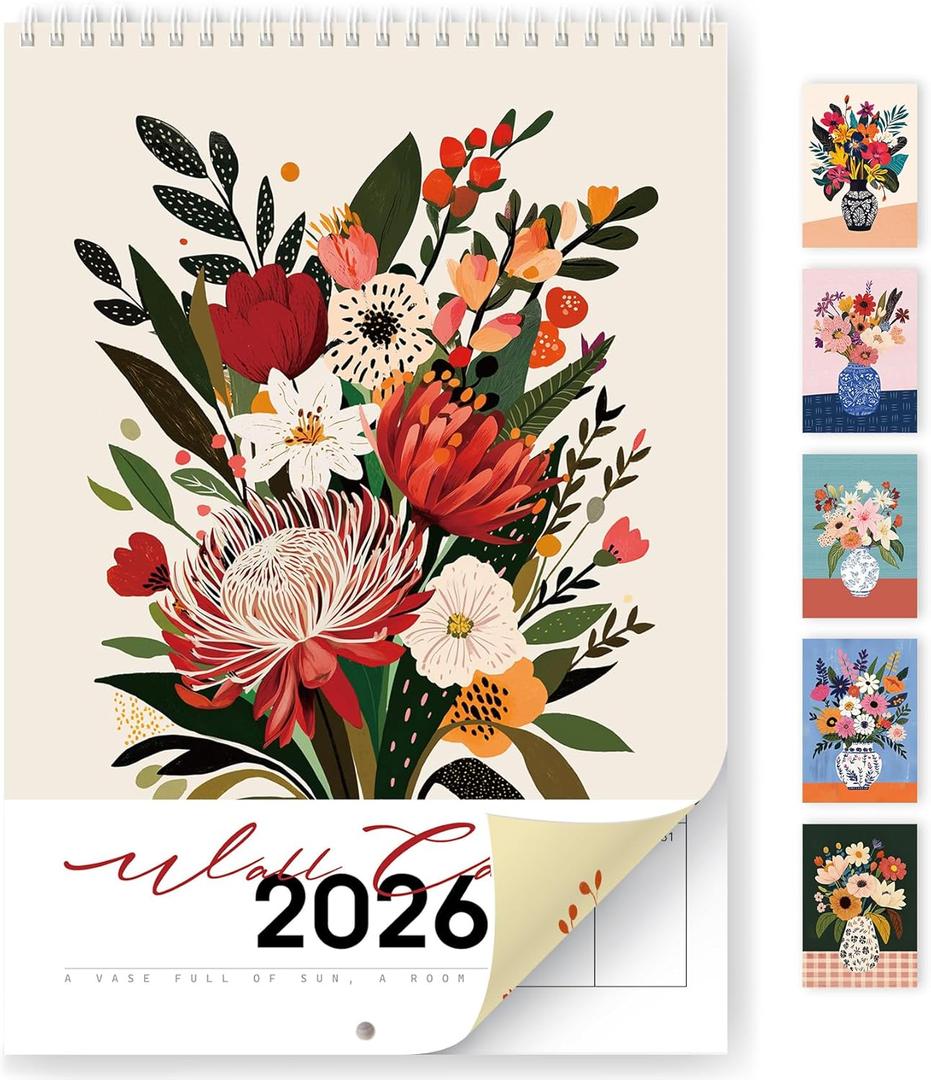 2026 Calendar, Monthly Wall Calendar 2026 from January to December 202612-Month A4 Size 8.3" x 11.7", Spiral Hanging with Twin-Wire Binding, Perfect for Home or Office, Vintage Floral Vase