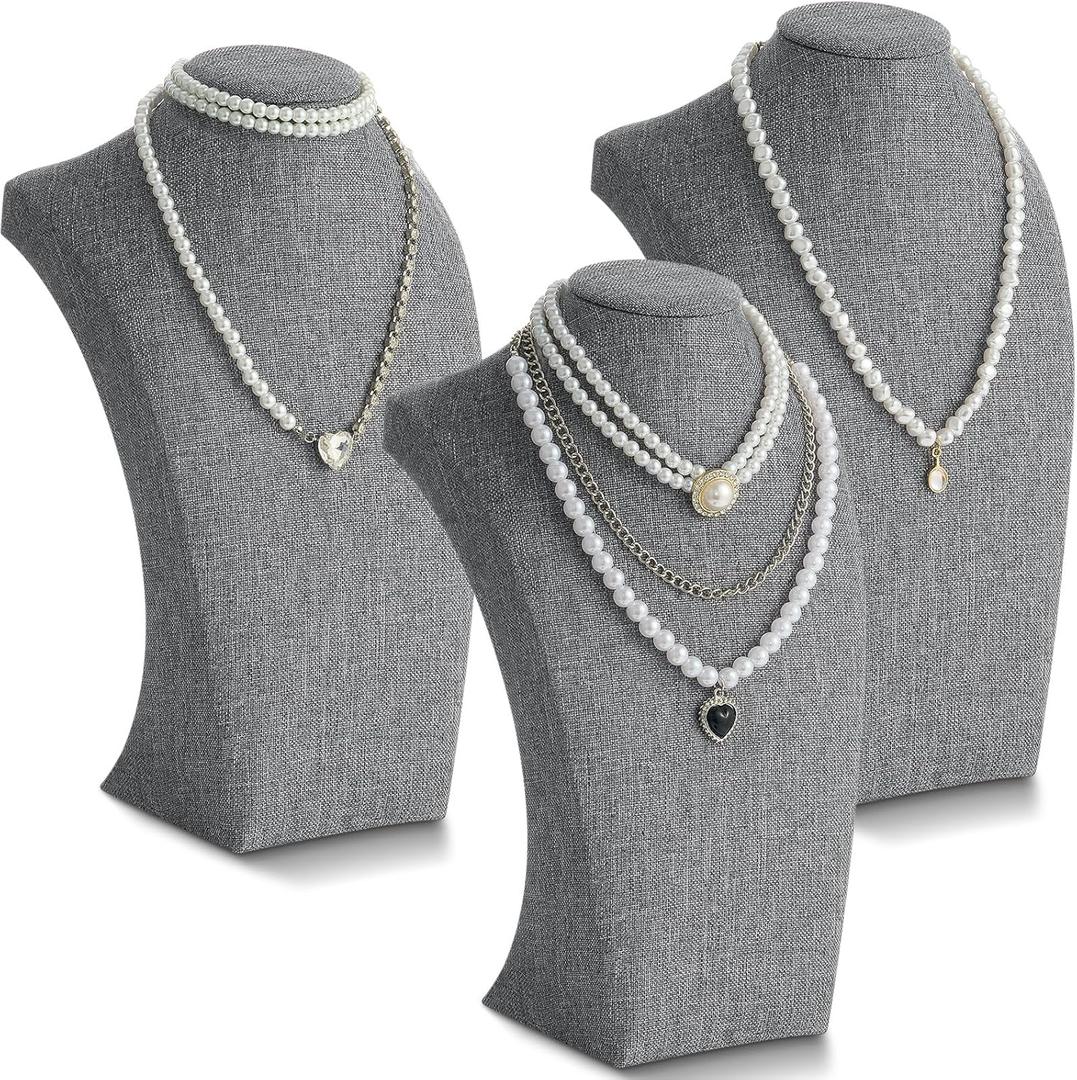 Kigley 3 Pcs Linen Jewelry Display Bust Necklace Display Stand Necklace Mannequin Holder for Jewelry Selling Trade Shows (11.42 x 6.89 Inch, Gray)