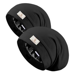 SECZIPE 2pcs Silk Satin Bonnet Hair Wrap for Sleeping, Adjustable Strap Curly Natural Hair Night Caps for Women Men (Black&Black), Medium-Large, Black