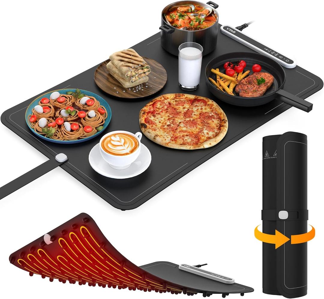 VTAR Rollable Electric Food Warming Mat | 3-Temp Buffet Tray Warmer for Parties | Even Heating, Portable Silicone Design, Auto Shut Off & Child Lock- Black
