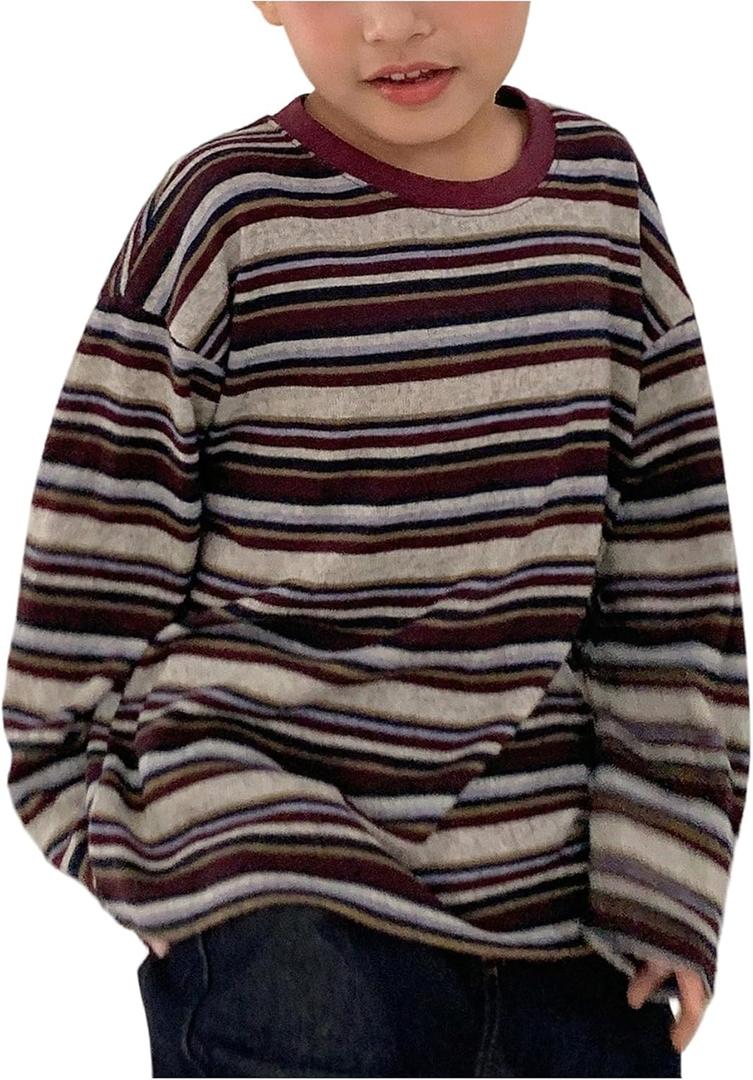 RoseSeek Boy's Striped Tops Crew Neck Long Sleeve T Shirts Casual Tops Fall Outfits (Brown, 7Y)