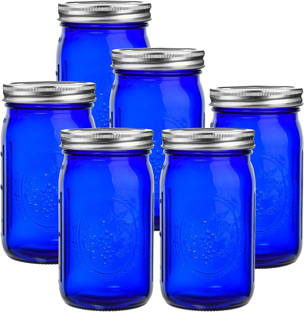 eleganttime Blue Mason Jars Wide Mouth,6 Pack Cobalt Blue Colored Mason Jars 32 oz for Canning, Pickling, Storage, DIY Crafts & Dcor