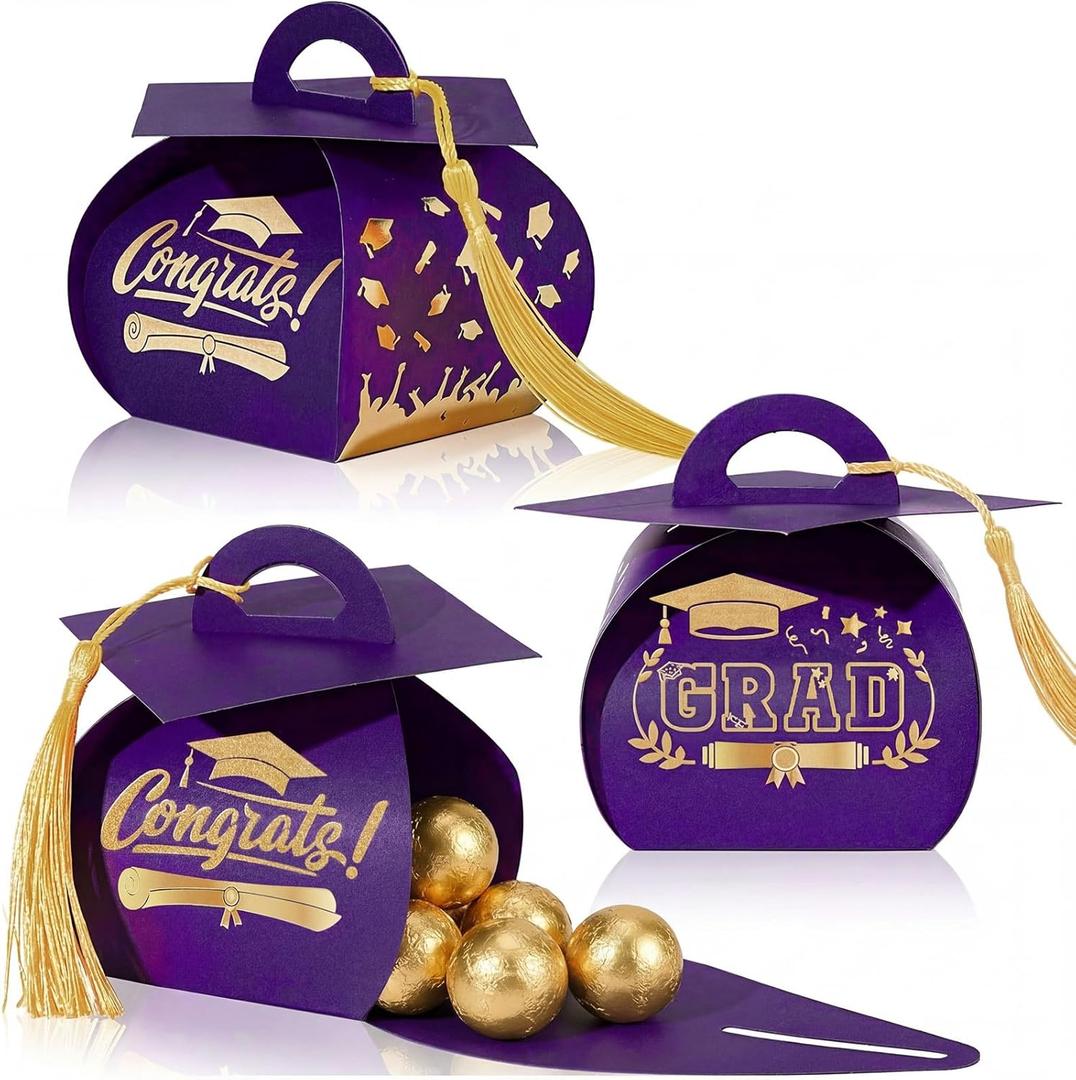 Spakon 30 Pcs Graduation Cap Gift Box Graduation Party Favors Candy Boxes Treat Box with Tassel Table Centerpieces Class of 2026 Grad Decorations(Purple, Gold)
