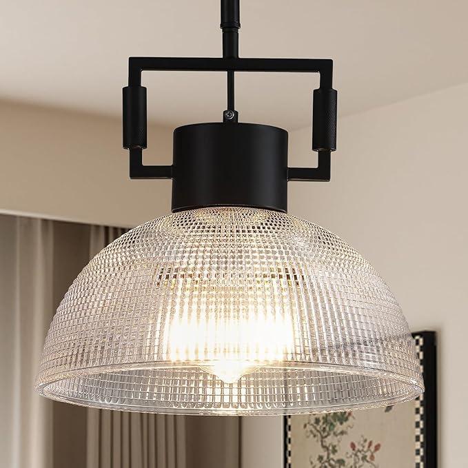 Modern Black Farmhouse Pendant Lights for Kitchen Island - 11.8" Glass Dome Ceiling Lighting, Adjustable Hanging Fixtures for Dining Room, Bedroom, or Coastal Home Decor.