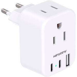 European Travel Plug Adapter USB C, HANYCONY International Plug Adapter, US to Europe Adapter Plug 2 Outlets 3 USB Ports(2 C Port), Type C Power Adapter to Italy Spain France Portugal Iceland Germany