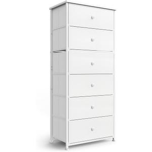 Tall Fabric Dresser for Bedroom, Vertical Storage Organizer Tower with 6 Drawers, Chest of Drawers with Bins, Steel Frame, Wood Top for Bedroom, Closet, Entryway White