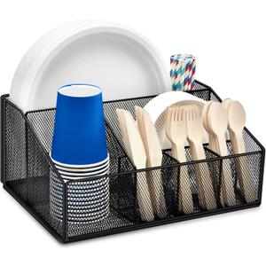 Paper Plate Holder for Countertop,Paper Plate Dispenser,Metal Silverware Caddy with 6 Compartments,Picnic and Camping Utensil Holder for Plates Cups Napkins Forks Knives Spoons-Black