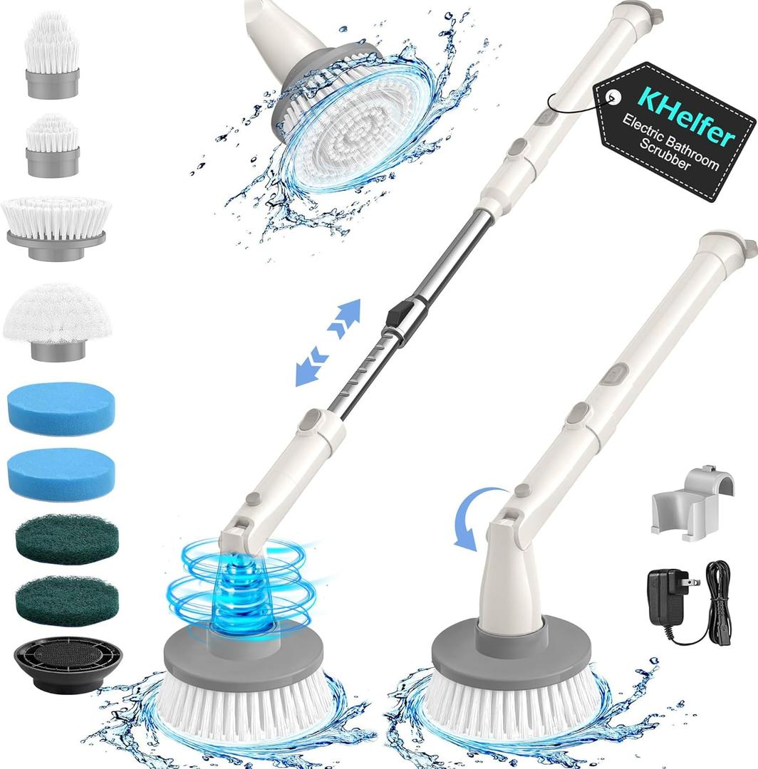 kHelfer Electric Spin Scrubber, 2025 New Shower Scrubber 8 Replacement Head, 1.5H Cordless Bathroom Scrubber Dual Speed, Shower Cleaning Brush with Extension Arm for Bathtub Tile Floor